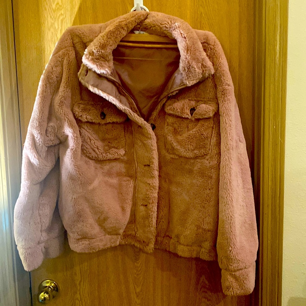 Time & Tru Pink Faux Fur Cropped Jacket - Size 16 / 18 - $25